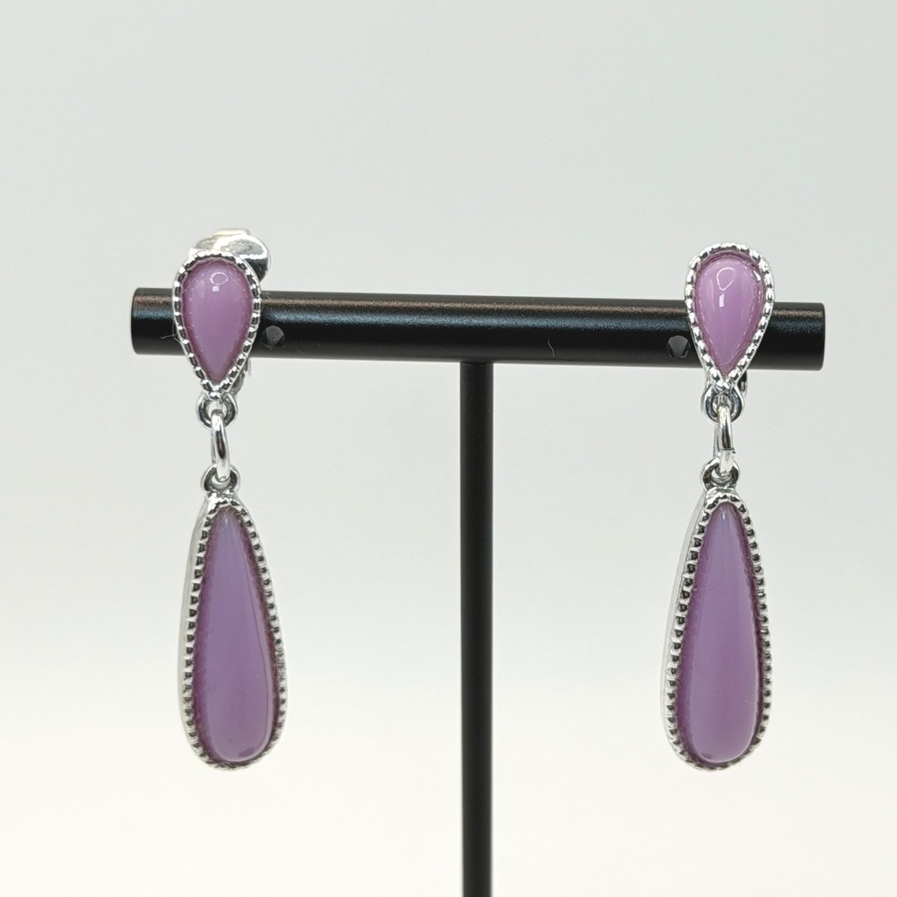 Emmons Purple Cabochon Teardrop Drop Clip On Earrings Silver Tone Signed Vintage